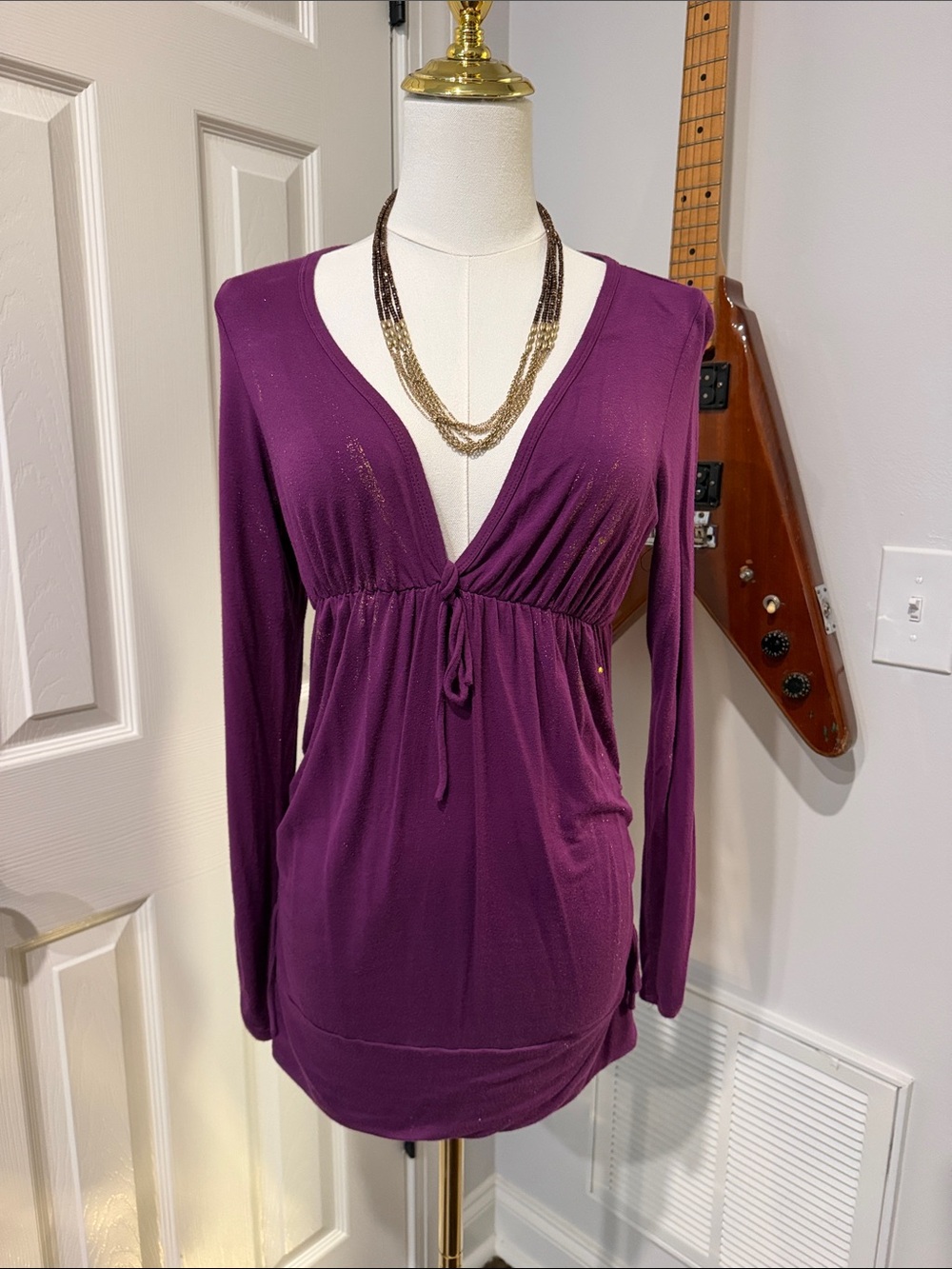 Plum V-Neck Long Sleeve Drawstring Tunic